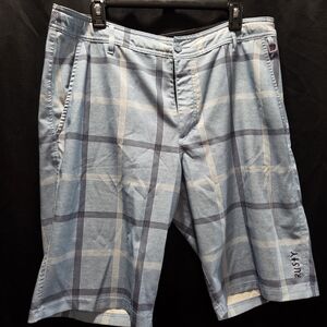 Rusty Blue Plaid Board Shorts Mens Sz 36 Swim Trunks 4-Way Stretch Surf Skater